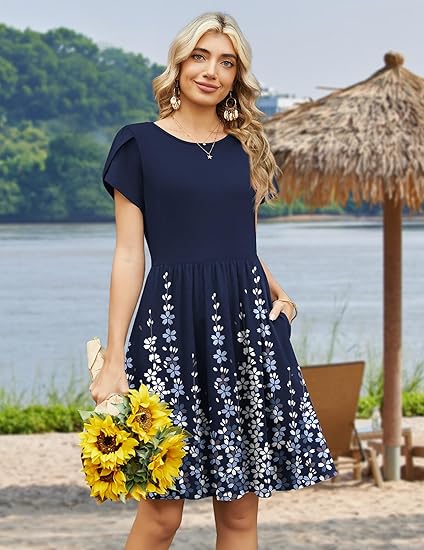 Women Summer Dress 2026 Short Sleeve Aline Mini Dresses with Pockets Casual Swing Tshirt Dress Vocation Beach Sundress
